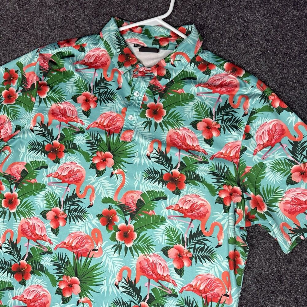 Yatta Golf Polo Shirt Mens XL Multicolor Flamingo Hawaiian Golf Stretch AOP